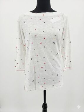 LOFT White Long-Sleeve Top with Multicolor Heart Print